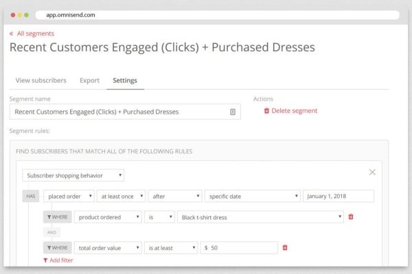 Example of how easy it is to setup advanced audience segmentation within Omnisend